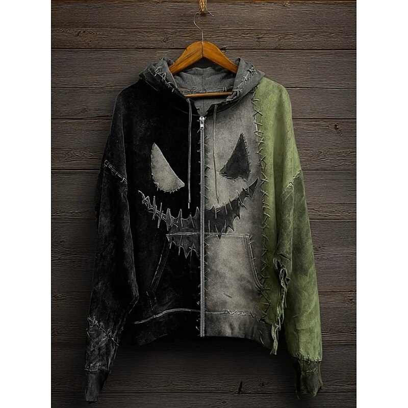 Women's Zip Up Hoodies Graphic Punk Active Vintage Long Sleeve Hooded Regular Tops Home Dailywear Casual Patchwork Green Fall Winter