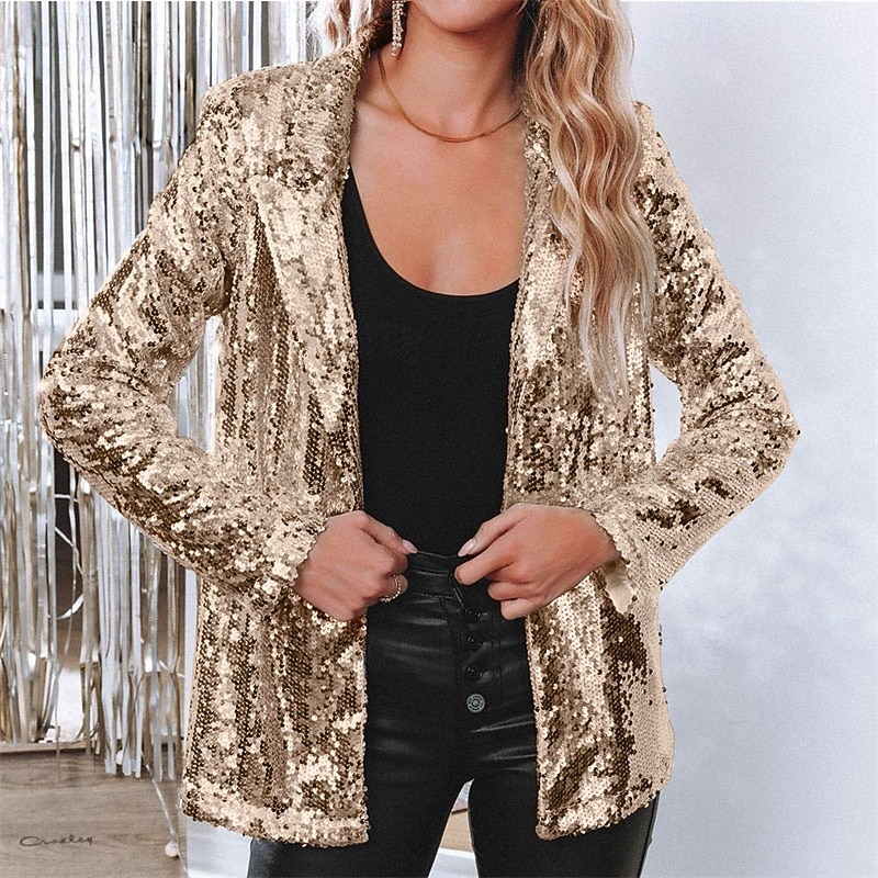 Women's Shirt Jacket Blazer Comfortable Breathable Sequin Fashion Daily Plain Outdoor Casual Daily Regular Lapel Regular Fit Long Sleeve Outerwear Silver Black Wine Spring Fall