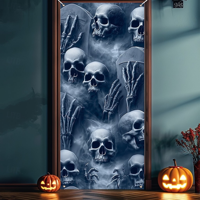 Halloween Door Covers Skull Head and Skeleton Hands Tapestry Door Curtain Decoration, Scary Horror Backdrop Door Banner for Front Door Indoor Outdoor Haunted House Party Decor