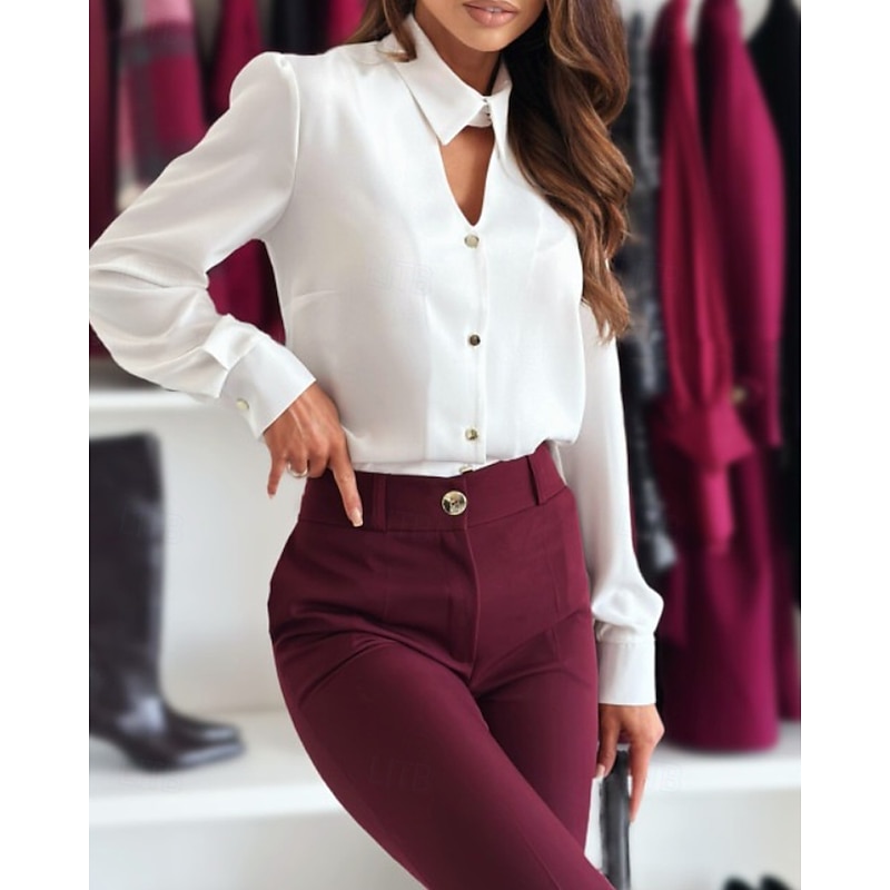 Women's Shirt Dressy Blouse Plain Elegant Formal Long Sleeve Shirt Collar Regular Tops Work Holiday Going out Hollow Out Buttons Black White Wine Spring Fall2