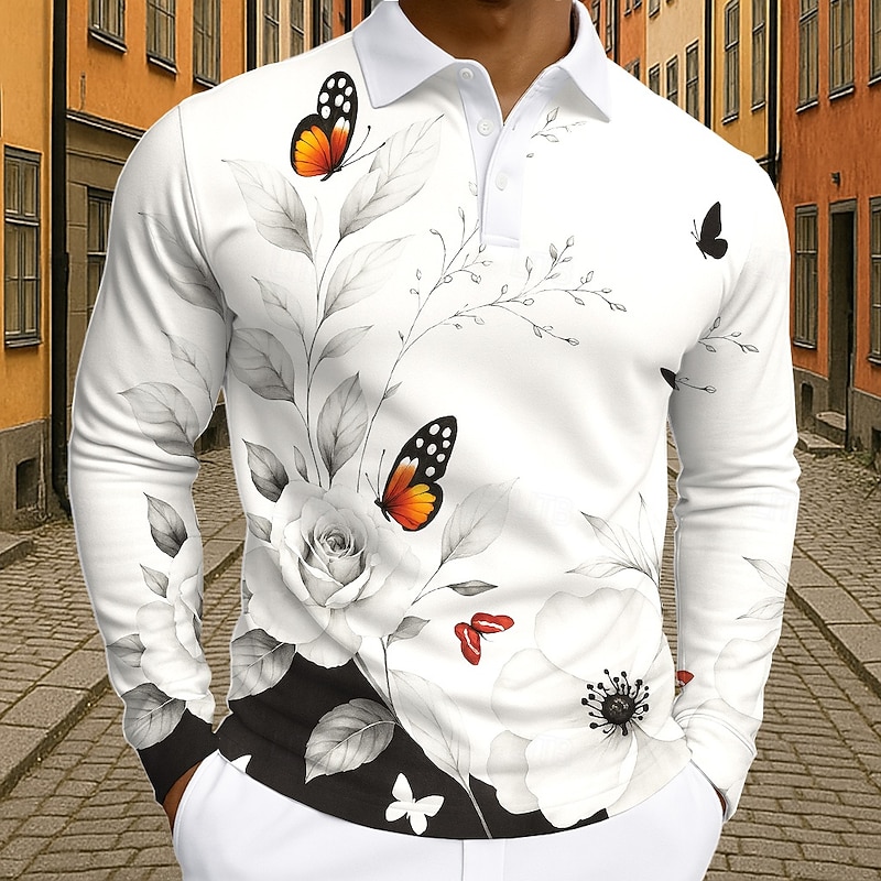 Men's Floral Butterfly Polo Long Sleeve Polo Shirts Lapel Casual Outdoor Athleisure Daily Wear 3D Print Buttons Spring Fall Winter Black White