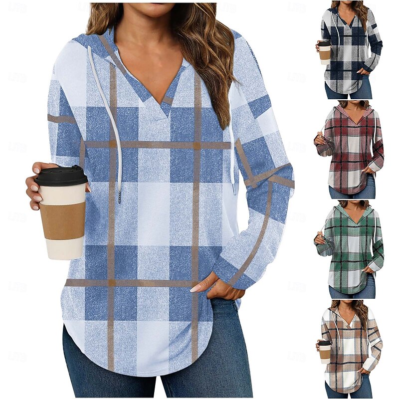 Women's Boho Shirt Blouse Plaid Stylish Retro Vintage Casual Long Sleeve V Neck Regular Tops Work Daily Holiday Drawstring Red Navy Blue Green Khaki Light Blue Spring Fall Winter