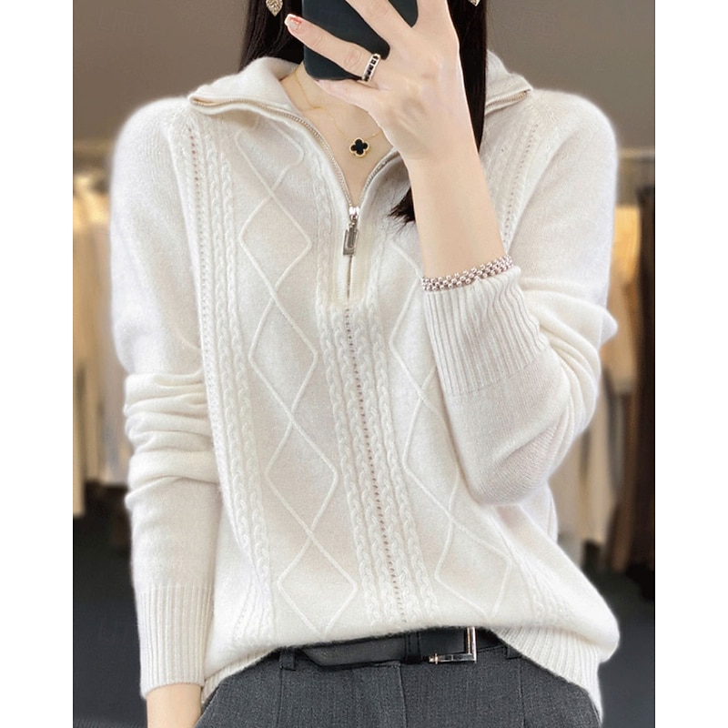 Women's Sweater Pullover Fashion Casual Pure Color Ribbed Half Zip Zipper Knitted Long Sleeve Regular Tops Knit Outdoor Daily Weekend White Fall Winter2