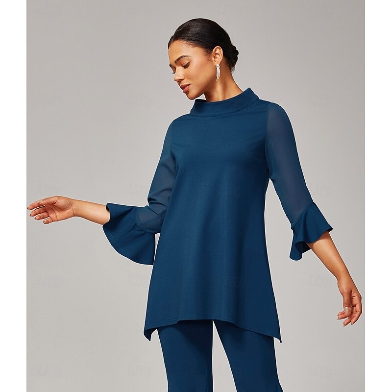 Women's Dark Blue Chiffon-Modal Slim-Fit Blouse with Sheer Sleeves Elegant Lightweight Breathable Office Dinner Date3