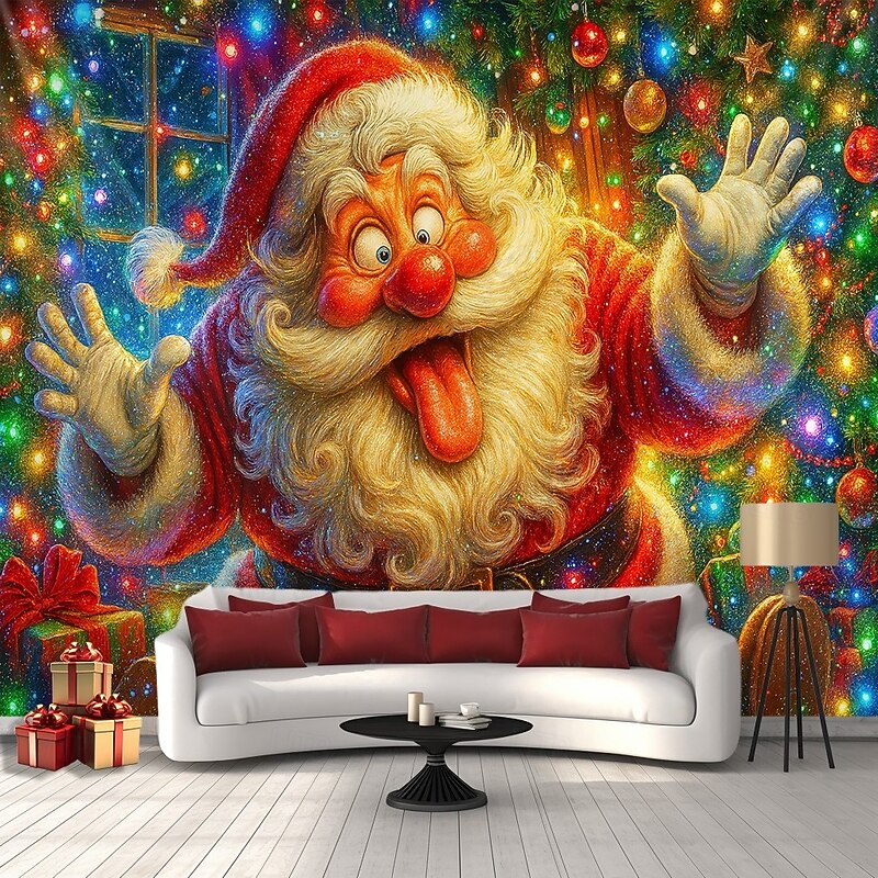 Christmas Wall Tapestry Backdrop, Colorful Santa Claus with Lights Wall Hanging, 2025 Xmas Holiday Decoration for Bedroom, Living Room, Party, Outdoor Decoration