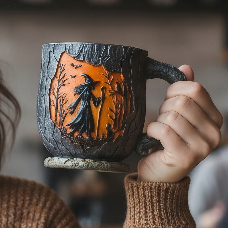 Witch Forest Fire Mug - 3D Vintage Halloween Coffee Cup with Bigfoot Silhouette Nature and Camping Theme Ceramic Mug Collector's Drinkware for Halloween, Monster & Nature Enthusiasts3