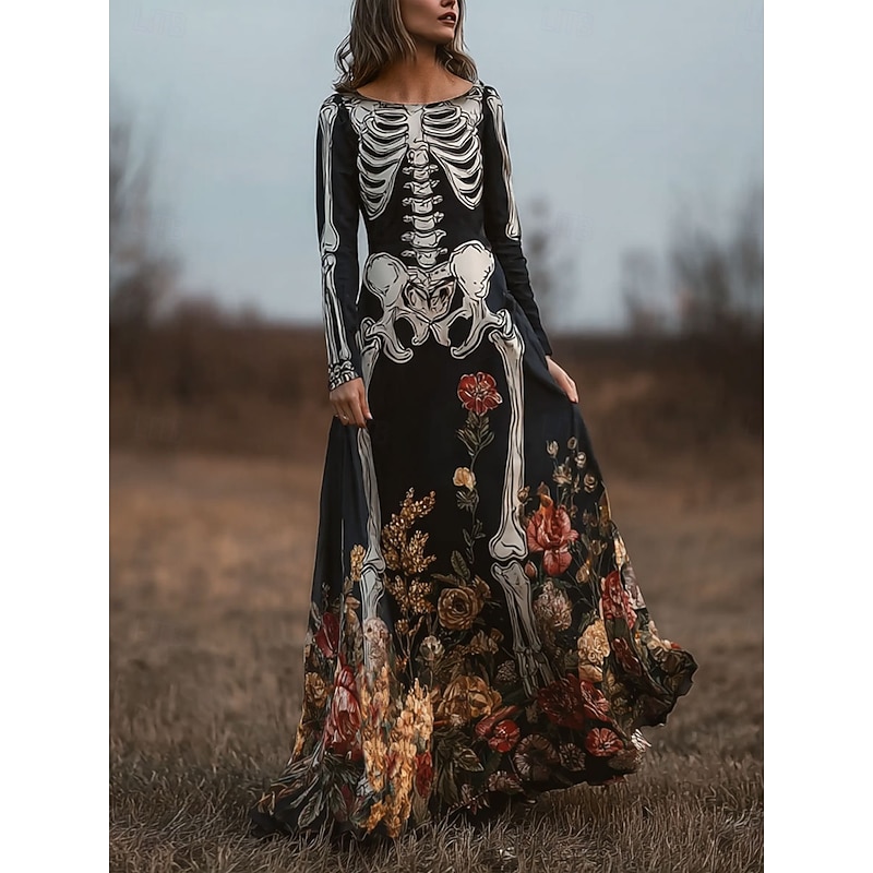 Halloween Women's Skeleton Floor length Sheath Dress A Line Dress Casual Boho Wedding Guest Beach Regular Fit Floral Graphic Long Sleeve Crew Neck Black Spring Fall Winter