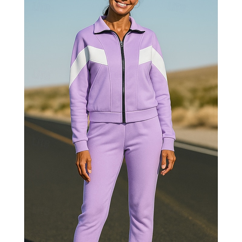Women's Zip Up Sweatshirt Lounge Sweatsuit Sets 2 Piece Tracksuit with Pocket Color Block Clothing Suit Fall Black White Spandex Hiking Vocation Outdoor Long Sleeve Sport Activewear Micro-elastic