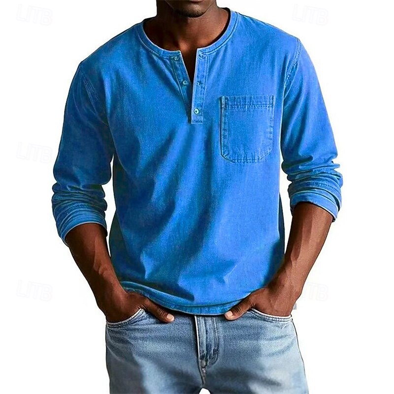 Men's T Shirt Henley Shirt Tee Tee Top Long Sleeve Henley Spring Fall Plain Fashion Designer Basic Pockets Vacation Street Going out Black Red Navy Blue Top Tee for Men4
