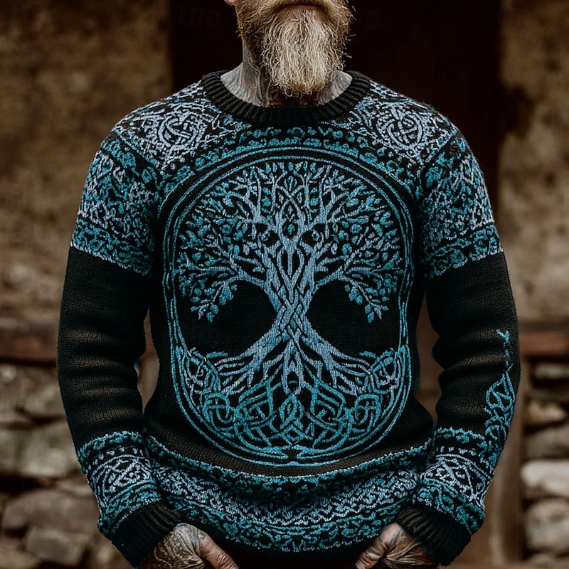 Men's Viking Tree Of Life Pullover Sweater Jumper Knitwear Crewneck Retro Vintage Casual Vacation Daily 3D Print Knitting Keep Warm Long Sleeve Spring Fall Winter Red Blue Brown3