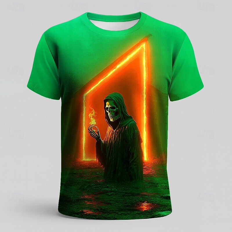 Halloween Men's Optical Illusion 3D Reaper T Shirt Short Sleeve T shirt 3D Print Crew Neck Shirt Exaggerated Designer Horror Party Street Holiday Blue Green Summer Spring All Seasons Clothing Apparel2