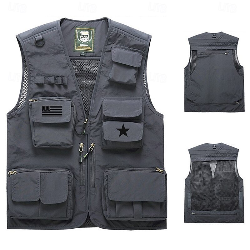Men's US Flag Vest Gilet Fishing Vest Tactical Practical Casual Photography Camping & Hiking Hunting Quick Dry Multiple Pockets Fishing Vest with Removable Mesh Back Fall Winter Collarless Sleeveless3
