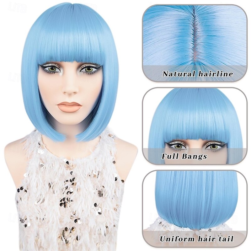Blue Bob Wig With Bangs Short Straight Bob Bangs Wig 12Inch Synthetic Hair Natural Looking For Daily Party Use # Baby Blue3