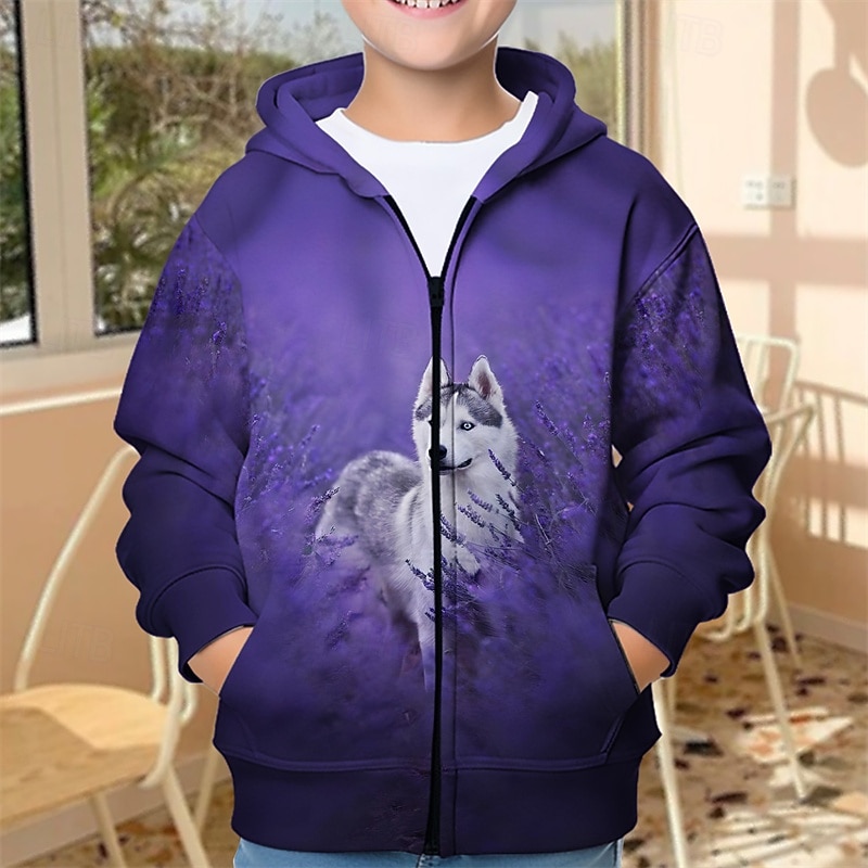 Boys' 3D Animal Wolf Hoodie Coat Outerwear Long Sleeve Spring Fall Adorable Sport Kids 4-12 Years Zip Street Daily Regular Fit