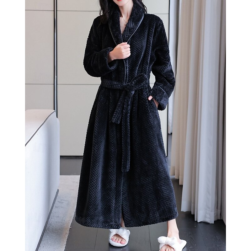 Women's Pajamas Robe Casual Pure Color Pocket Vacation Home Bed Long Sleeve V Neck Black White Wine Navy Blue Gray Fall Winter Tailored Fit3