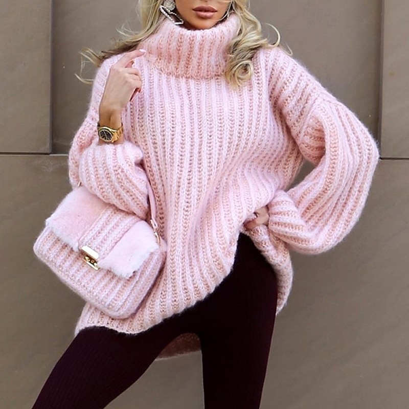 Women's Sweater Pullover Daily Stylish Casual Solid Color Ribbed Turtleneck Knitted Long Sleeve Regular Tops Knit Daily Holiday Going out White Pink Fall Winter4