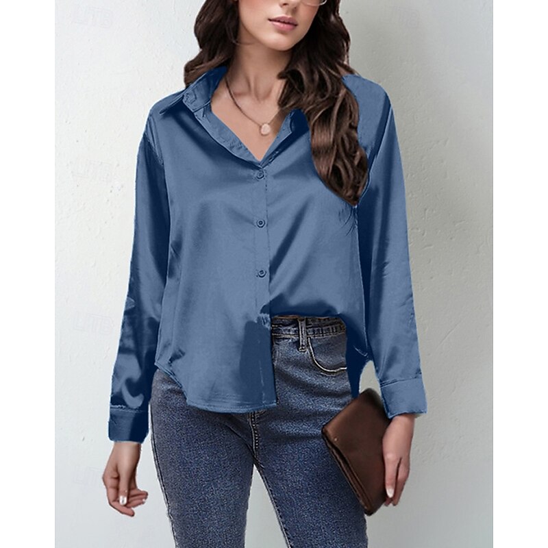 Women's Shirt Elegant Dressy Satin Plain Stylish Casual Long Sleeve Shirt Collar Regular Tops Daily Going out Buttons Black Pink Wine Red Navy Blue Spring Fall3