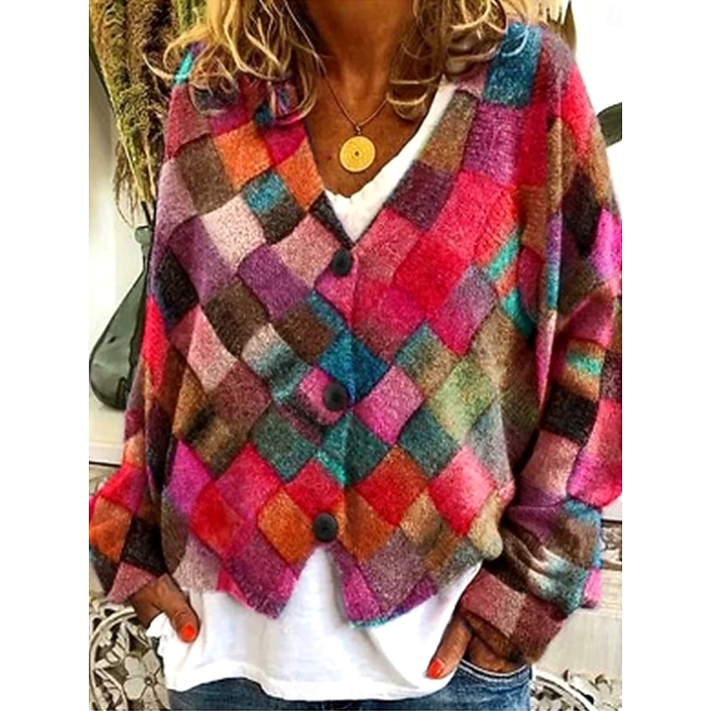 Women's Sweater Cardigan Elegant Vintage Fashion Geometric Plaid V Neck Pocket Knitted Print Long Sleeve Regular Tops Knit Outdoor Daily Weekend Red Navy Blue Fall Winter3