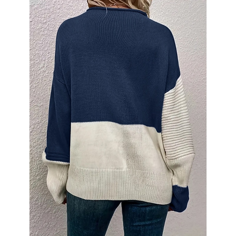 Women's Sweater Casual Soft Pure Color Ribbed Crew Neck Patchwork Knitted Long Sleeve Regular Tops Knit Outdoor Daily Weekend Navy Blue Brown Fall Winter2