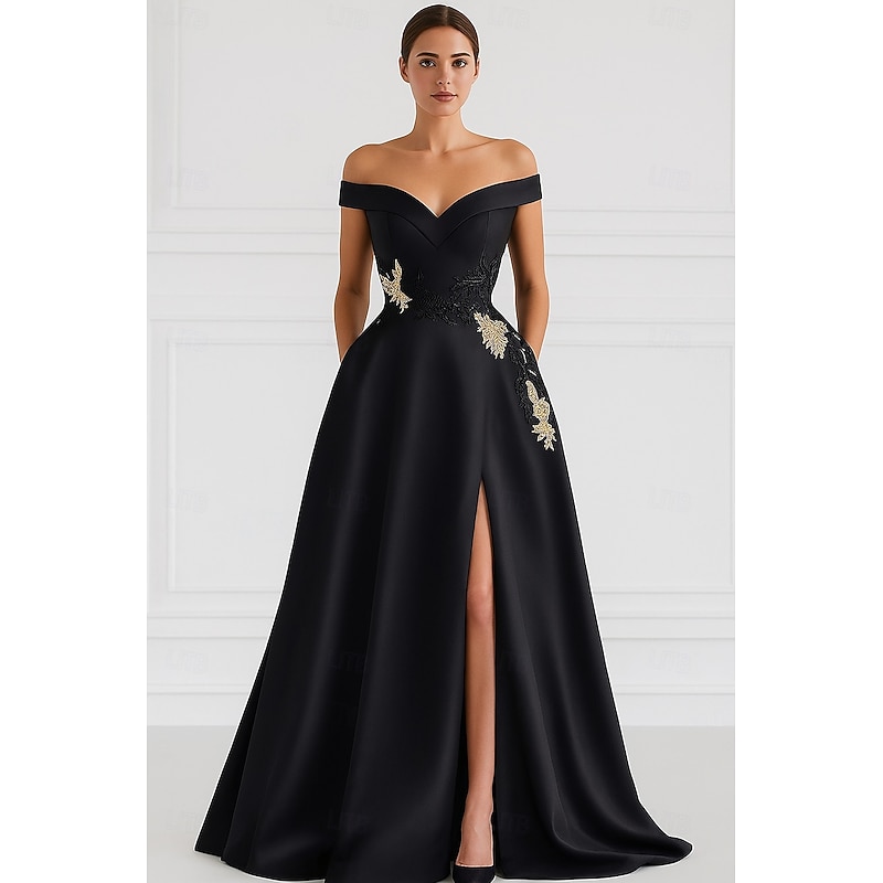 Black A-Line Evening Gown Elegant Formal Dress Formal Wedding Floor Length Short Sleeve Off Shoulder Pocket Satin with Bow(s) 2025