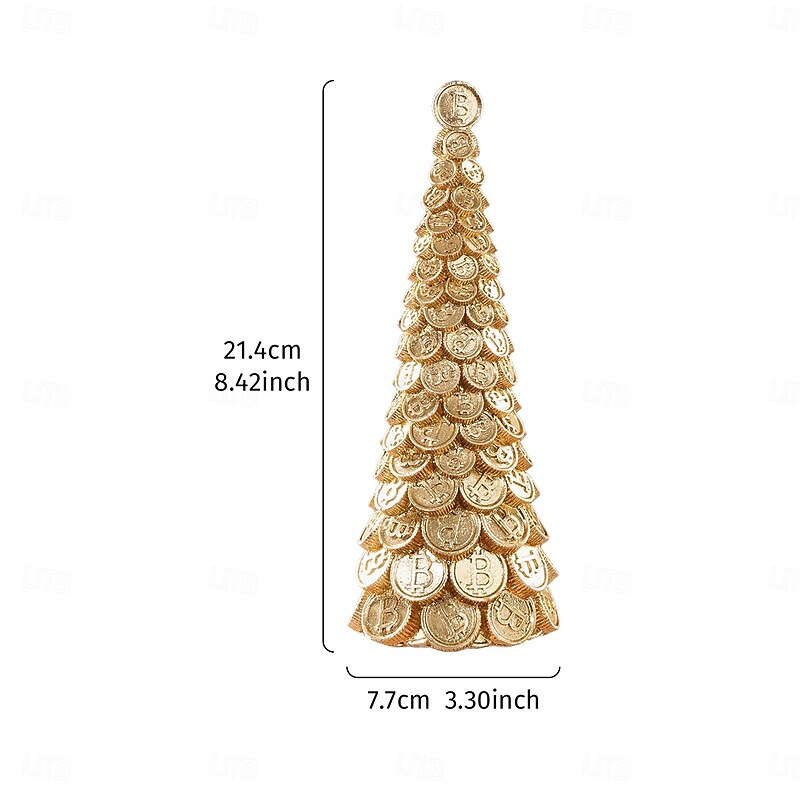 Christmas Tabletop Tree Decoration, Golden Acorn Pinecone Dollar Bitcoin Design, Resin Mini Christmas Tree Statue Ornament for Holiday Indoor Décor, Shop Window Display, Gift2