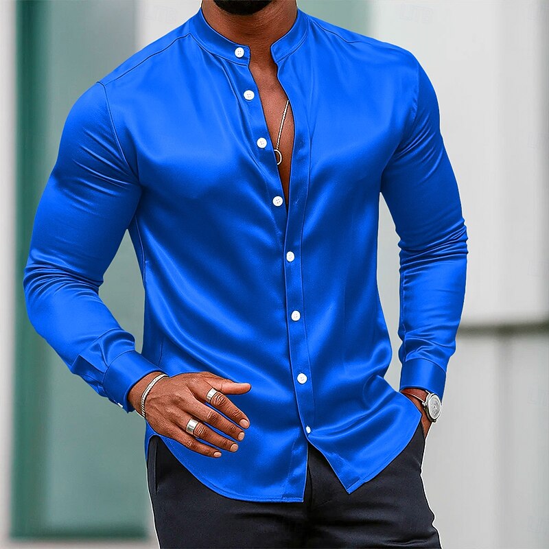 Men's Shirt Satin Shirt Dress Shirt Casual Shirt Button Up Shirt Prom Shirt Plain Formal Wedding White Wine Royal Blue Gold Long Sleeve Mandarin Collar All Seasons Clothing Apparel2
