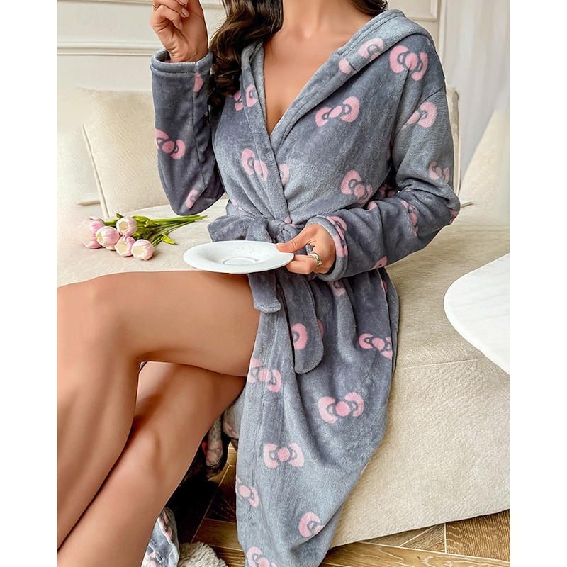 Women's Pajamas Robe Casual Floral Lace up Vacation Home Bed Long Sleeve Hoodie Dark Gray Fall Winter Tailored Fit