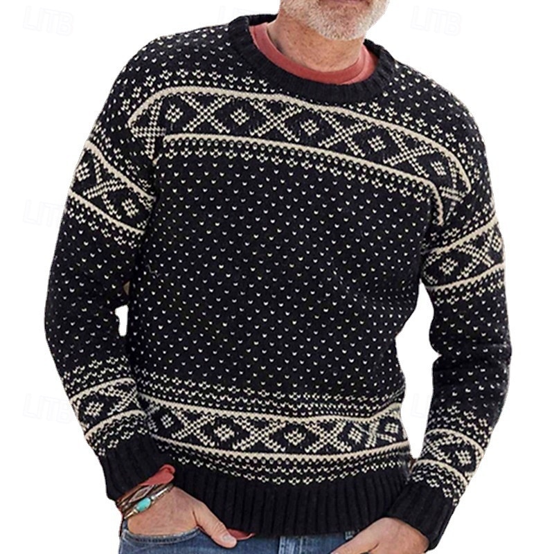 Men's Fair isle Sweater Pullover Sweater Jumper Knitwear Crewneck Casual Vacation Daily 3D Print Keep Warm Long Sleeve Spring Fall Winter Black2