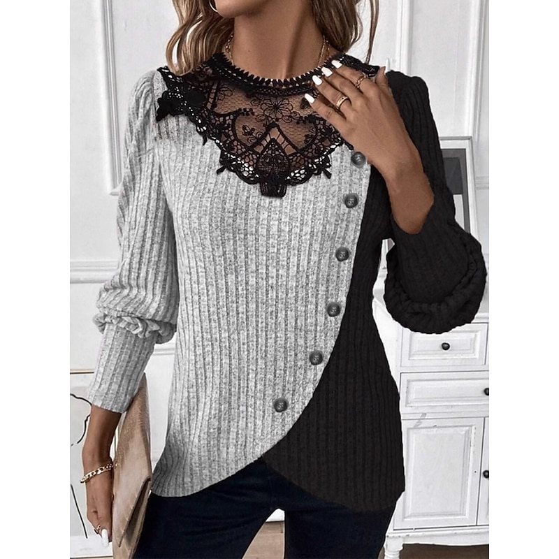 Women's Blouse Solid Color Stylish Casual Long Sleeve Crew Neck Regular Tops Daily Lace Patchwork Pink Green Gray Spring Fall Winter2