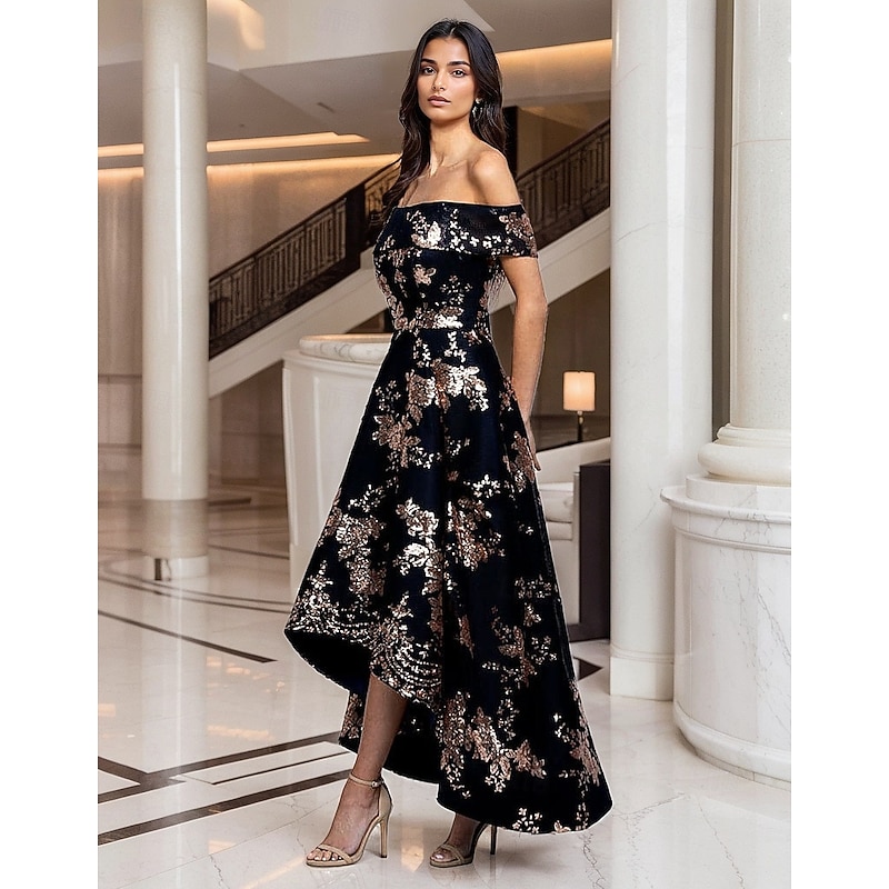 Black and Gold Floral Sequin Applique A-Line Evening Gown High-low Gown Elegant Formal Dress Formal Wedding Asymmetrical Short Sleeve Off Shoulder Sequined with Sequin Appliques 20253
