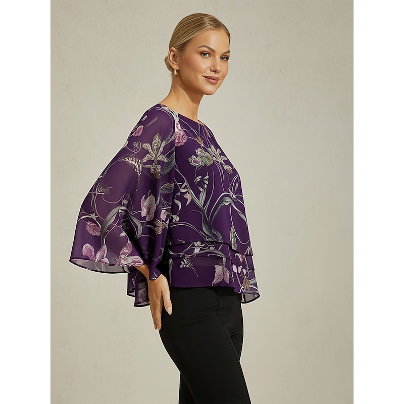 Women's Blouse Sheer Chiffon Dark Purple Floral Print Half Sleeve Layered Hem Round Neck Pullover2