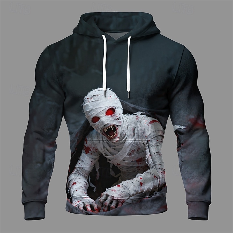 Halloween Men's Monster Hoodie Fashion Daily Hooded Vacation Party Streetwear Dark Gray Drawstring Pocket Printing Fall Winter Designer