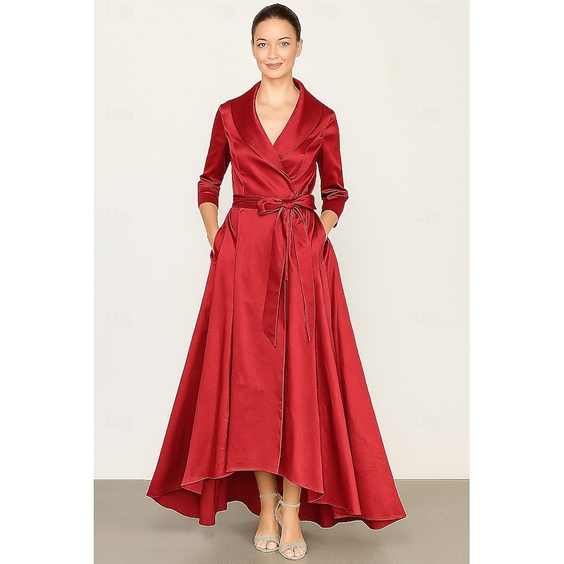 Tuxedo Dress A-Line Formal Wedding Wedding Guest Satin Elegant Vintage 3/4 Sleeve Pleated Ankle Length Shawl Lapel