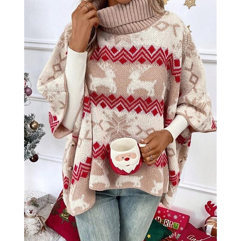 Women's Sweater Shrug Fair Isle Sweater Fashion Casual Snowflakes Ribbed Turtleneck Knitted Print Long Sleeve Regular Tops Knit Christmas Outdoor Daily Red Fall Winter4