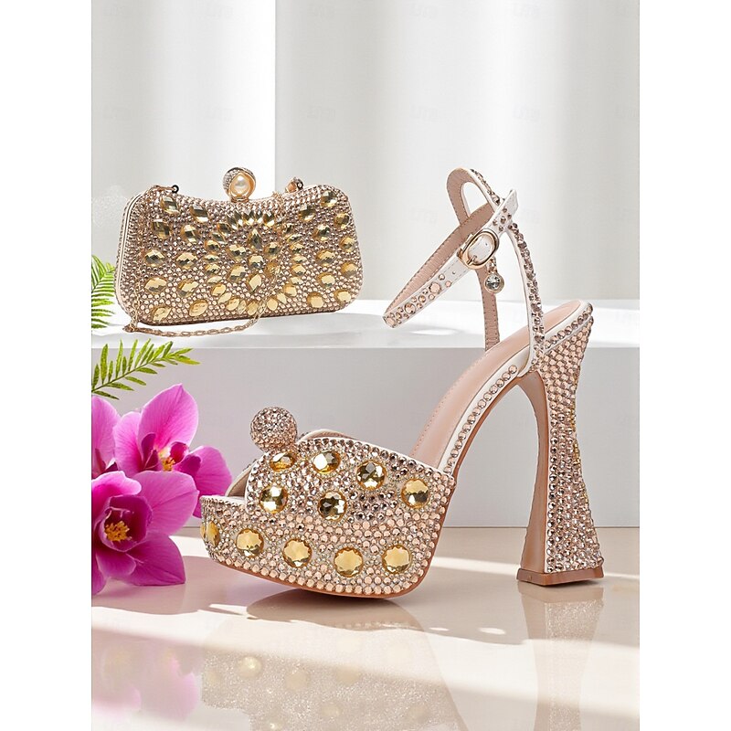 Women's Rhinestone Platform High Heel Sandals with Matching Clutch - Sparkly Formal Dress Shoes for Cocktail Parties, Weddings and Elegant Events