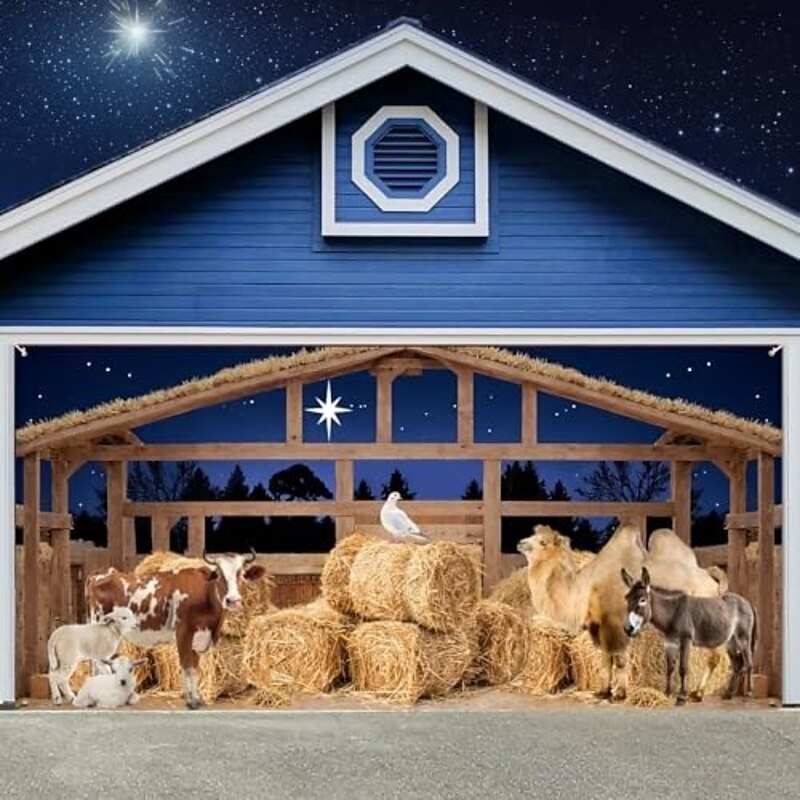 Christmas Outdoor Garage Door Cover Nativity Scene Jesus Birth Christmas Manger Large Tapestry Backdrop Decoration For Holiday Outdoor Garage Door Home Wall Religious Festival Celebration Decor