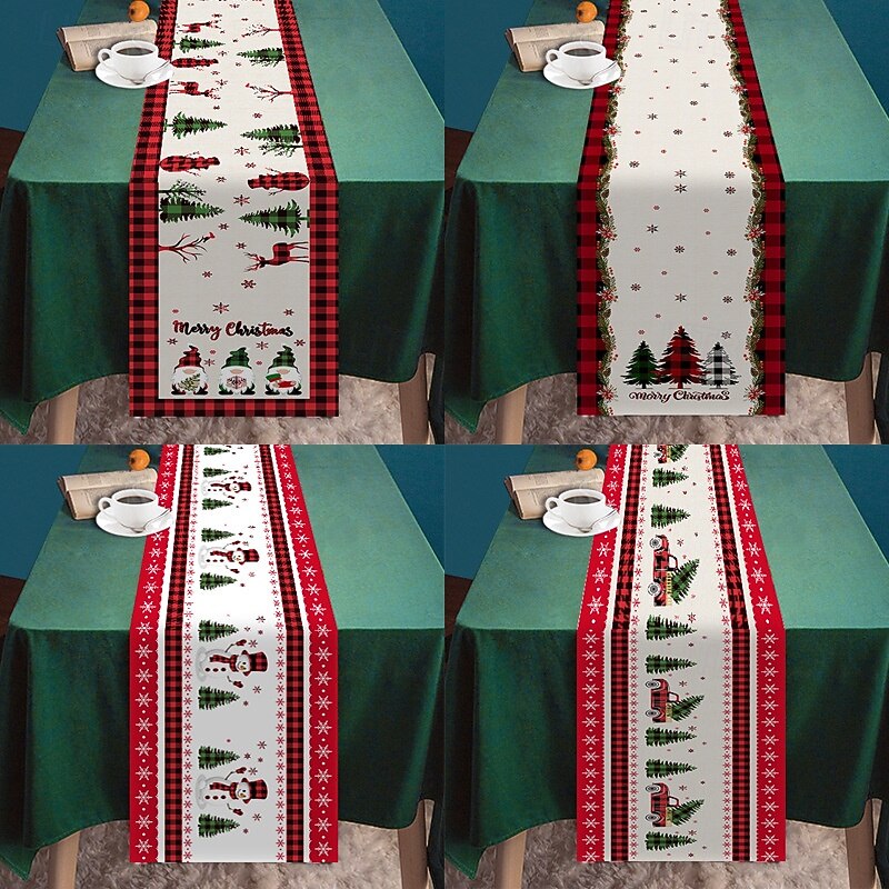 Christmas Table Runner, Holiday Snowflake Plaid and Snowman Print, Festive Xmas Tablecloth and Dining Mat Decoration