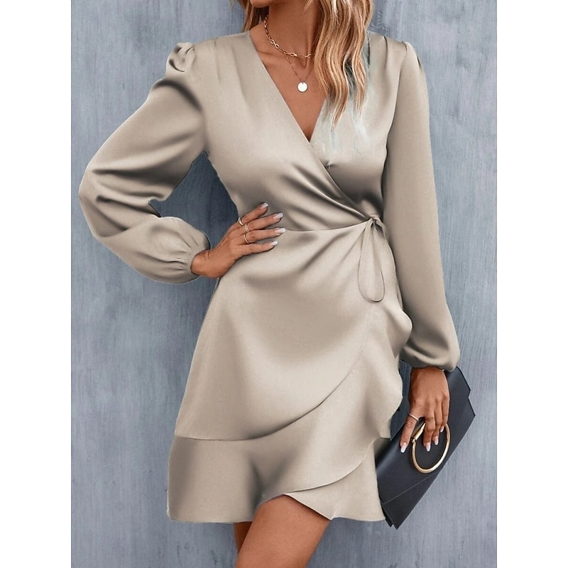 Women's Mini Dress Wrap Dress A Line Dress Casual Daily Holiday Regular Fit  Plain Long Sleeve V Neck Pink Green Army Green Apricot Spring Fall -  Product Details
