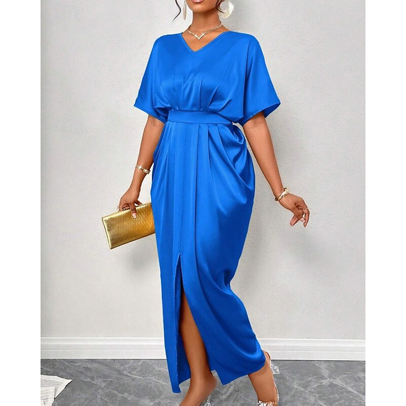 Women's Long Dress Maxi Dress Party Dress Cocktail Dress Satin Dress Elegant Modern Party Evening Party Regular Fit Plain Short Sleeve V Neck Black Yellow Royal Blue Dark Green Fall Winter3