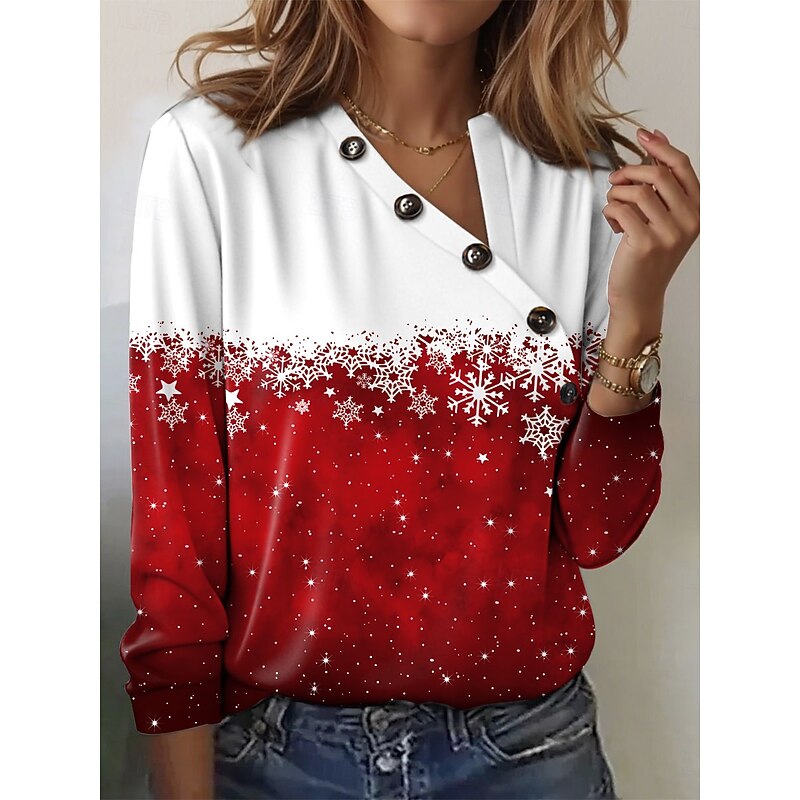 Christmas Women's T Shirt Graphic Snowflake Casual Short Sleeve V Neck Regular Tops Daily Buttons Print Red Blue Purple Green Summer - Main Image