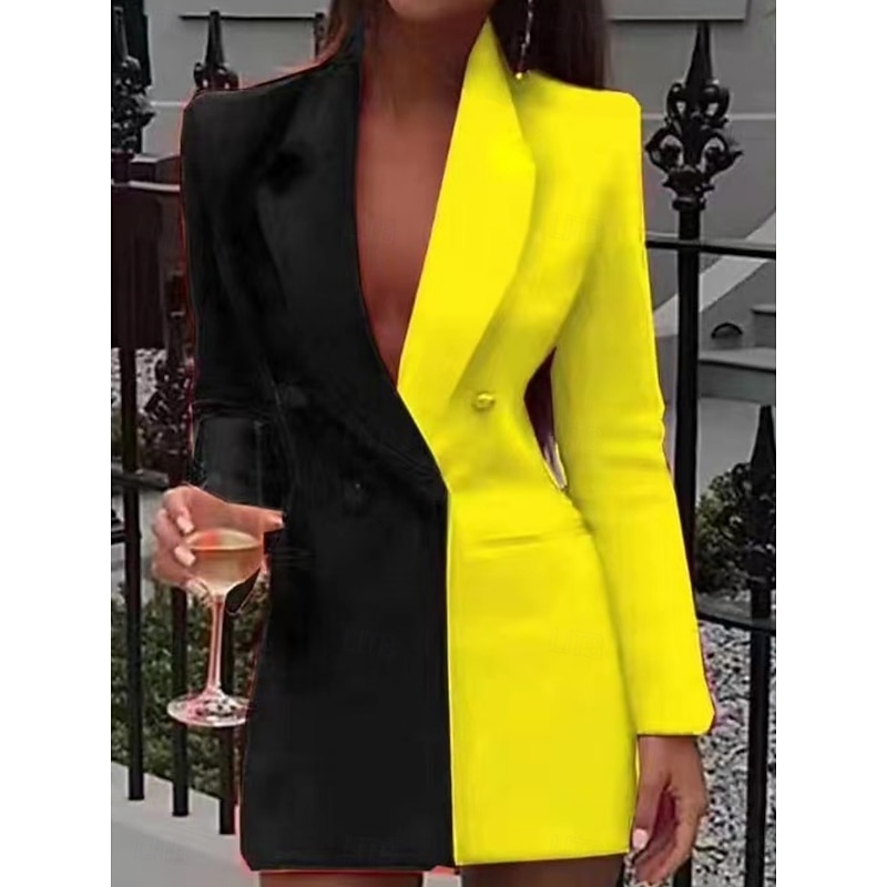 Women's Blazer Comfortable Breathable Pocket Casual Plain Formal Office Street Casual Double Breasted Long Turndown Regular Fit Long Sleeve Outerwear Black Yellow Red Summer Spring3