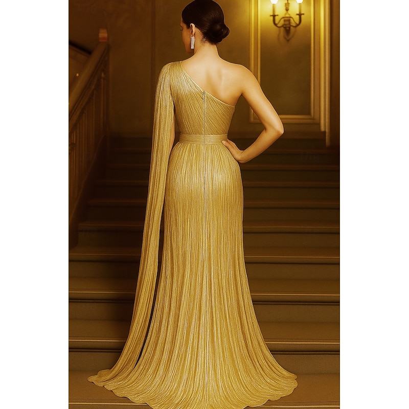 Gold Black A-Line Evening Gown Elegant Formal Dress Formal Wedding Floor Length Short Sleeve One Shoulder Capes Sequined with Glitter Pleats 20252