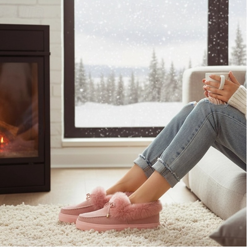Women's Pink Faux Fur Lined Winter Sneakers with Suede Upper - Cozy Warm Snow Shoes for Casual Outdoor Wear3