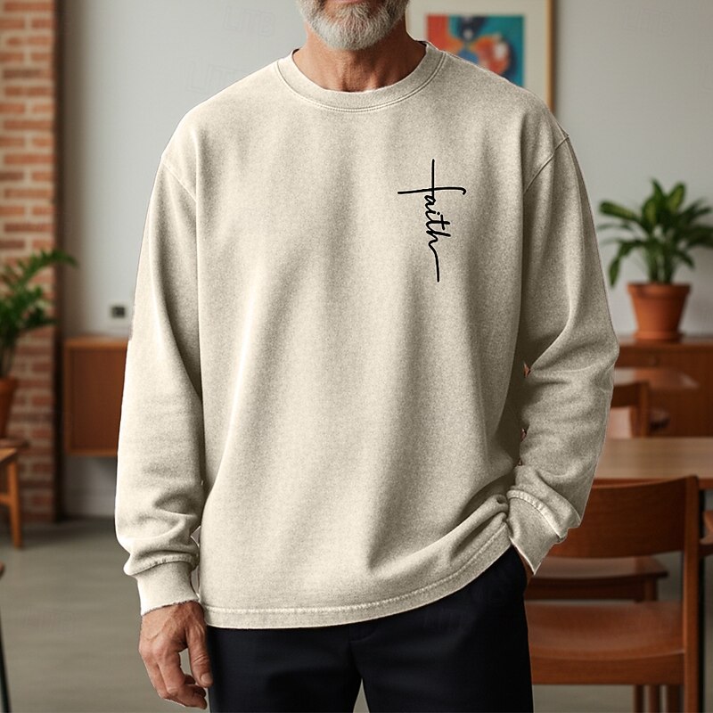 Men's Sweatshirt Distressed Hoodie Apricot Black Pink Army Green Brown Crew Neck Letter Faith Print Daily Holiday Going out 100% Cotton Vintage Retro Casual Fall Winter Clothing Apparel Hoodies
