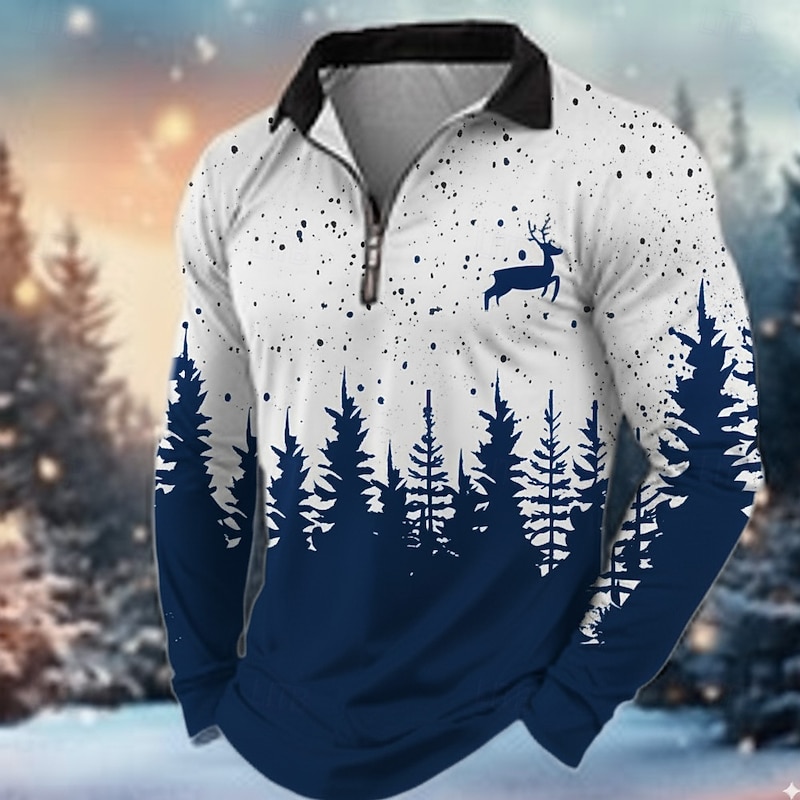 Christmas Men's Reindeer Polo Long Sleeve Turndown Modern Leisure Sports & Outdoor Athleisure Festival Zipper 3D Print Spring Fall Winter Black Red Blue3