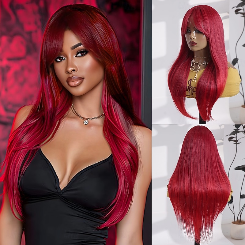 Synthetic Wig Straight Natural Straight Middle Part Neat Bang Wig 24 inch Red / Green Synthetic Hair 24 inch Women's Cute Soft Comfy Red