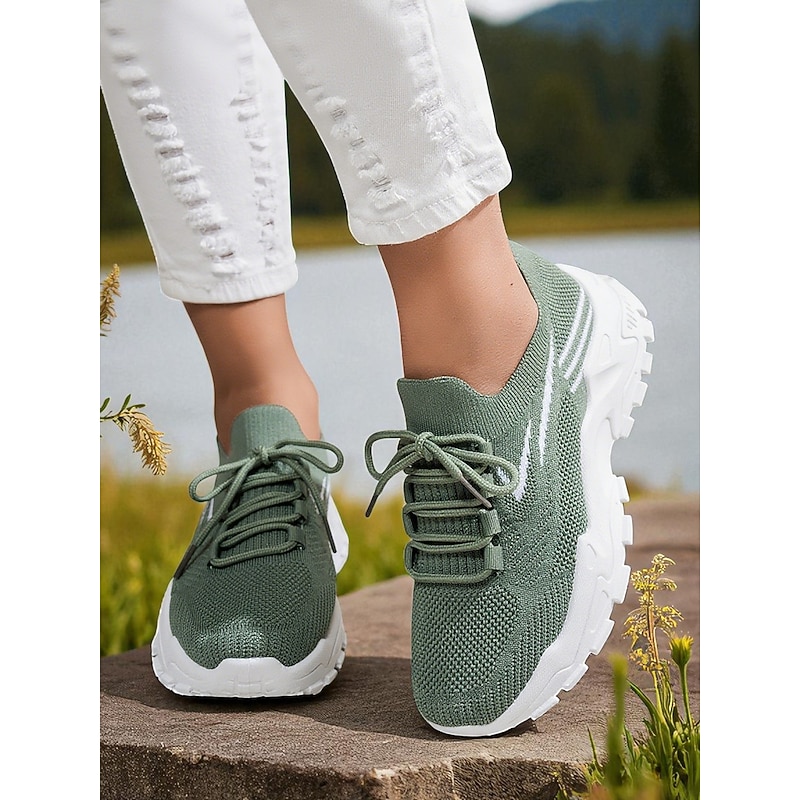 Women's Green Flyknit Lace Up Sneakers – Lightweight Breathable Running Shoes for Gym, Walking and Casual Wear3