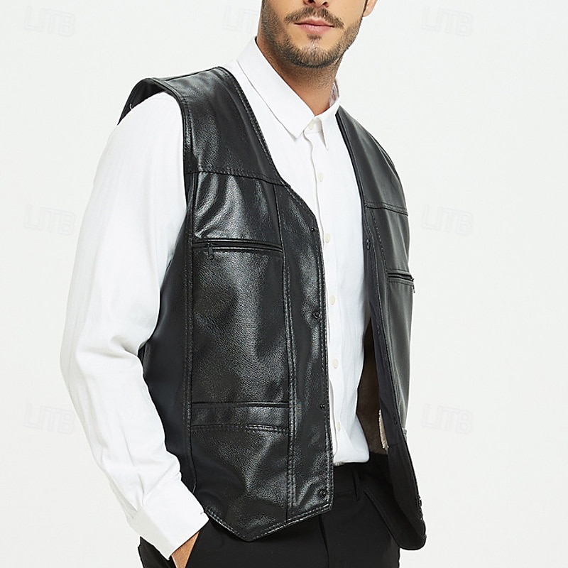 Men's Vest Gilet Outdoor Daily Fashion Casual Spring Fall Pocket Buttons Faux Leather Comfortable Plain Single Breasted One-button V Neck Regular Fit Black Vest