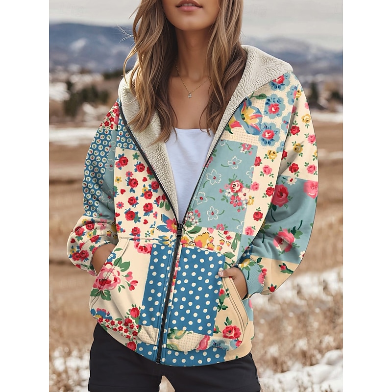 Women's Zip Up Hoodies Floral Fashion Casual Long Sleeve Hooded Regular Tops Dailywear Zipper Pocket Print Yellow Pink Blue Purple Fall Winter3