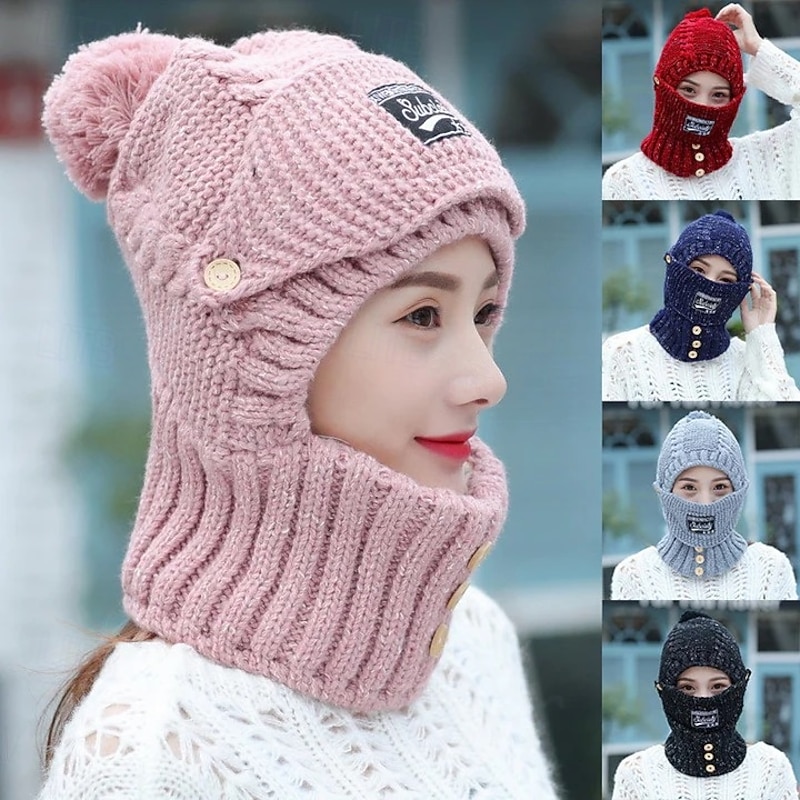 Knitted Hat With Ear Protectors Women Winter Warm Fleece Lined Beanie Scarf Set Thickened Knit Hat Detachable Face Mask Outdoor Cycling Cold Weather Accessories